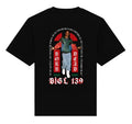Black t-shirt with graphic design and text on a white background