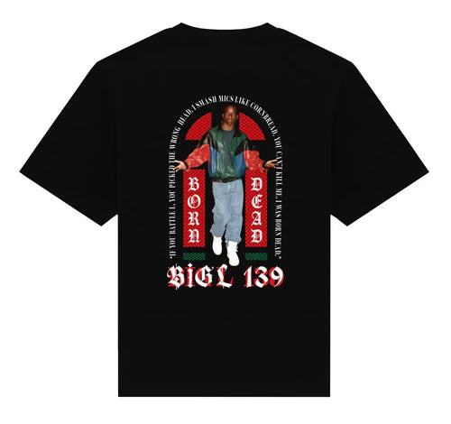 Black t-shirt with graphic design and text on a white background