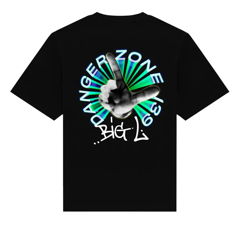 Black t-shirt with a graphic design of a hand making a peace sign and text on a white background