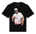 Black t-shirt with a graphic of a person and 'Biehl' text on a white background