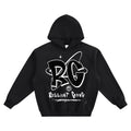 Black hoodie with white graphic design on a white background