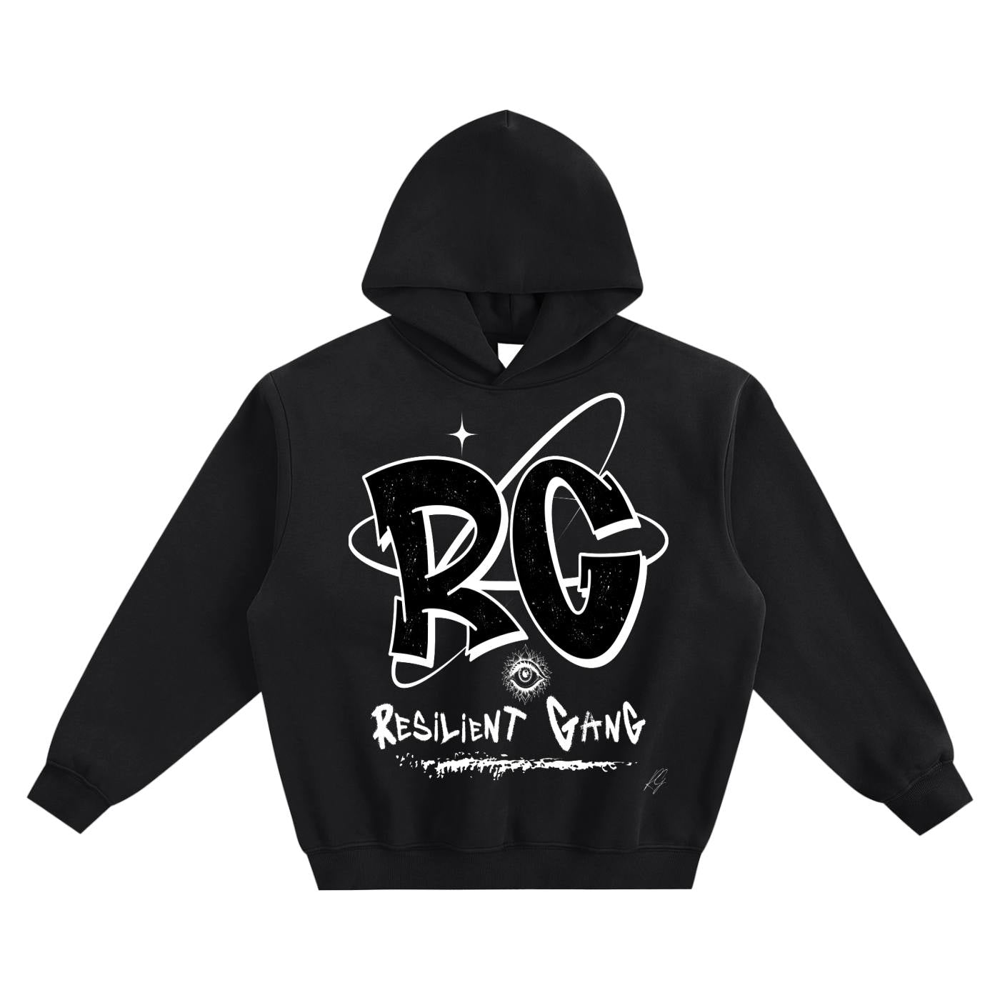 Black hoodie with white graphic design on a white background