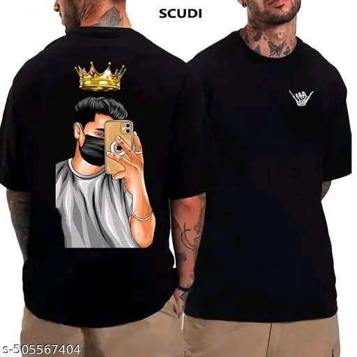 Black t-shirt with graphic design on the back and brand 'SCUDI' on the front, worn by a person.