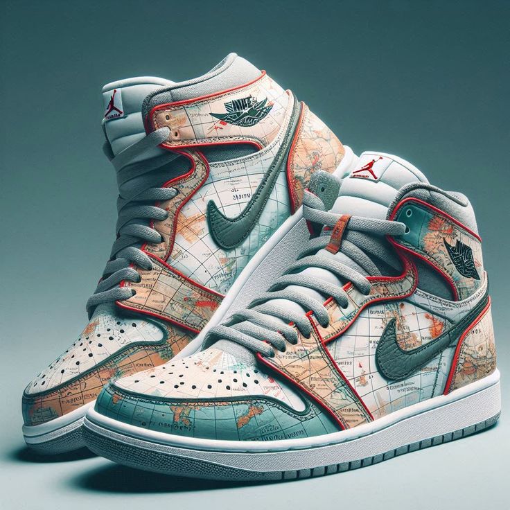 Nike sneakers with world map design on a gray background