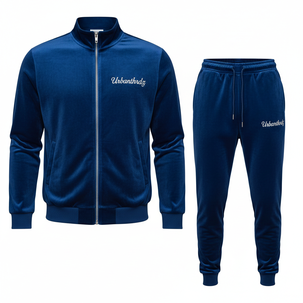 Urbanthrdz unisex premium velour zip-up tracksuit jacket and jogger pants luxury streetwear set