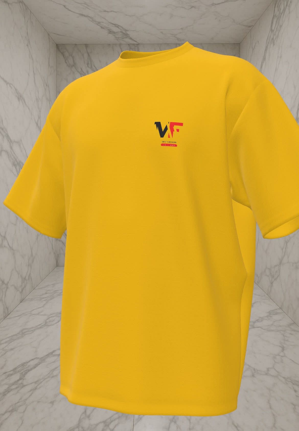 Yellow t-shirt with a logo on the chest against a marble background