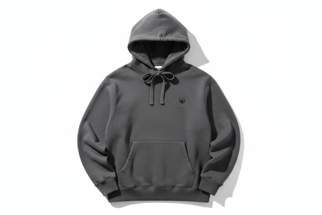 Gray hoodie with a brand logo on a white background