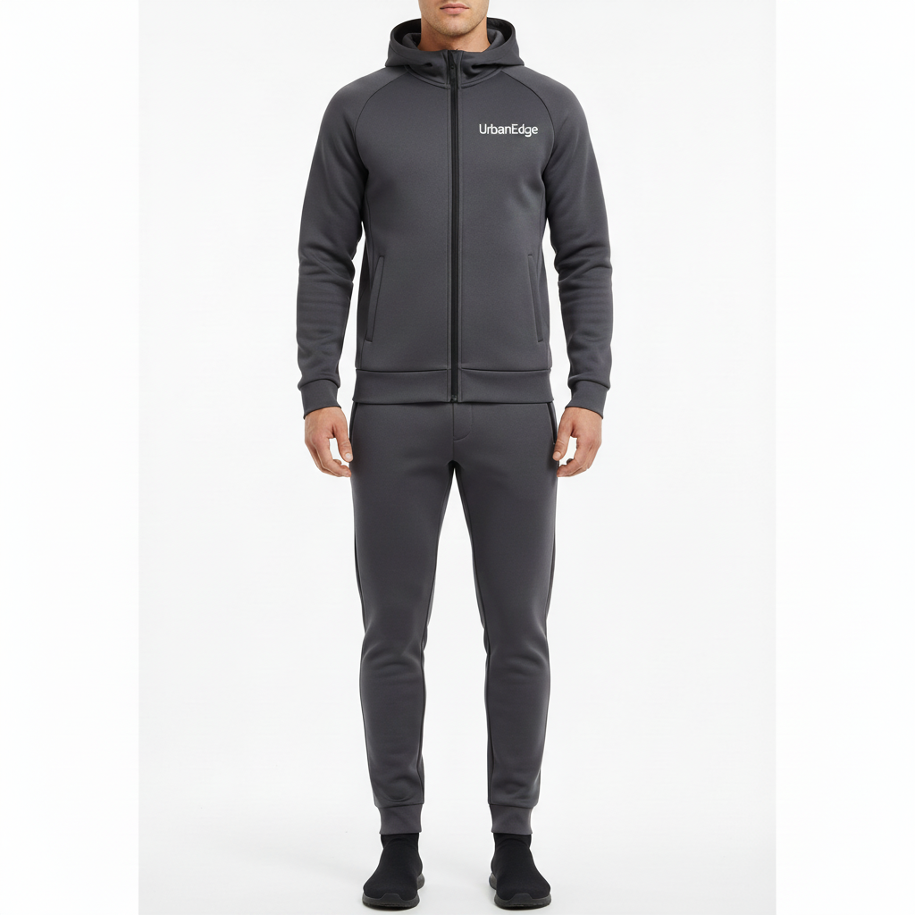 Men's UrbanEdge tech fleece zip-up hoodie and jogger pants matching set - front view