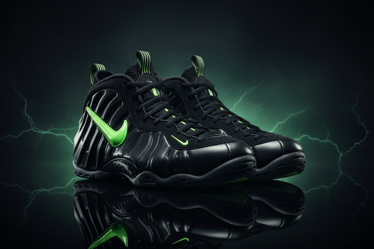 Nike Air Foamposite Pro Voltage on dark reflective surface with electric green lighting