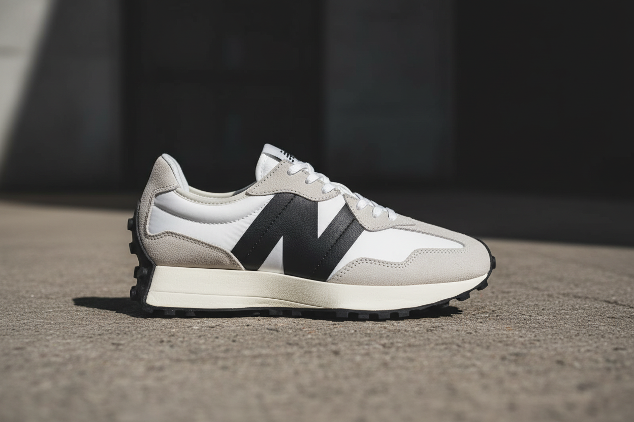 New Balance 327 White/Black on concrete surface with urban backdrop