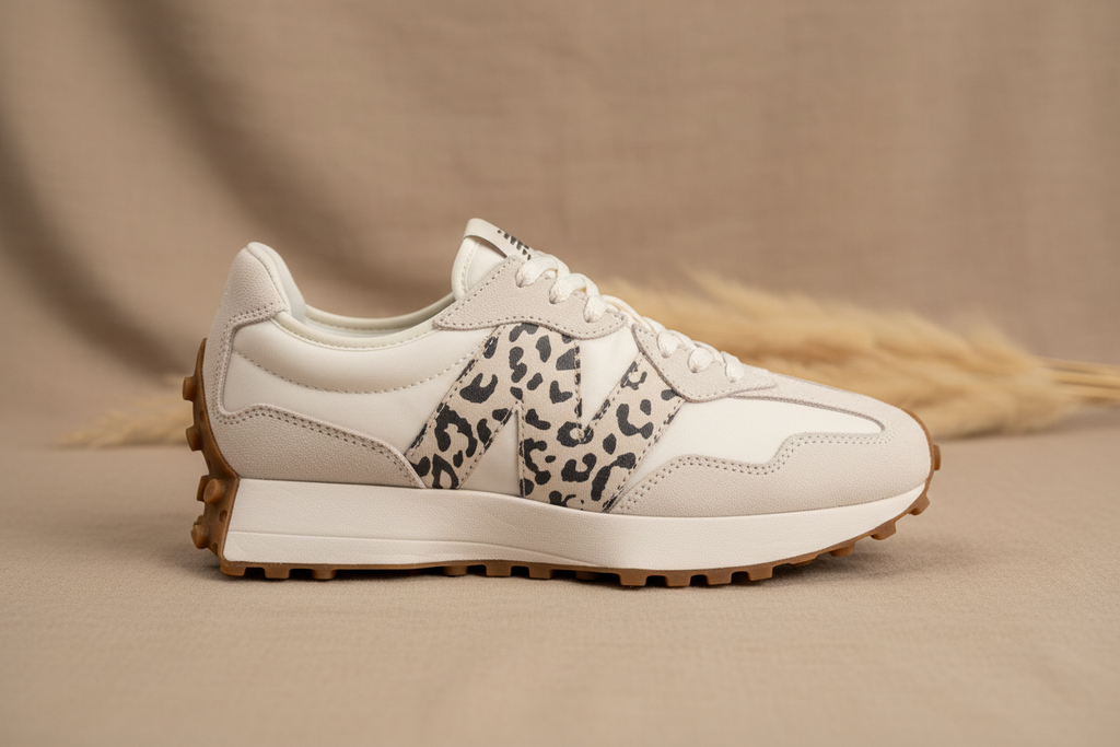 New Balance 327 Leopard Print on linen surface with pampas grass backdrop